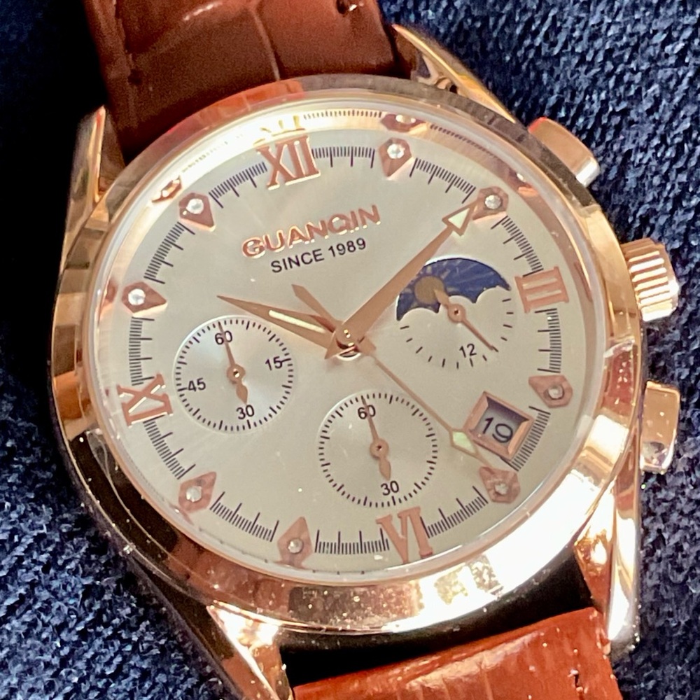 NIB Gorgeous 40mm Red Gold Guanqin Chronograph Date Moon Phase 24 Hour Register